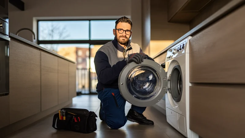 Technik v pracovním oděvu u rozebrané pračky v bytové kuchyni, ilustrace.